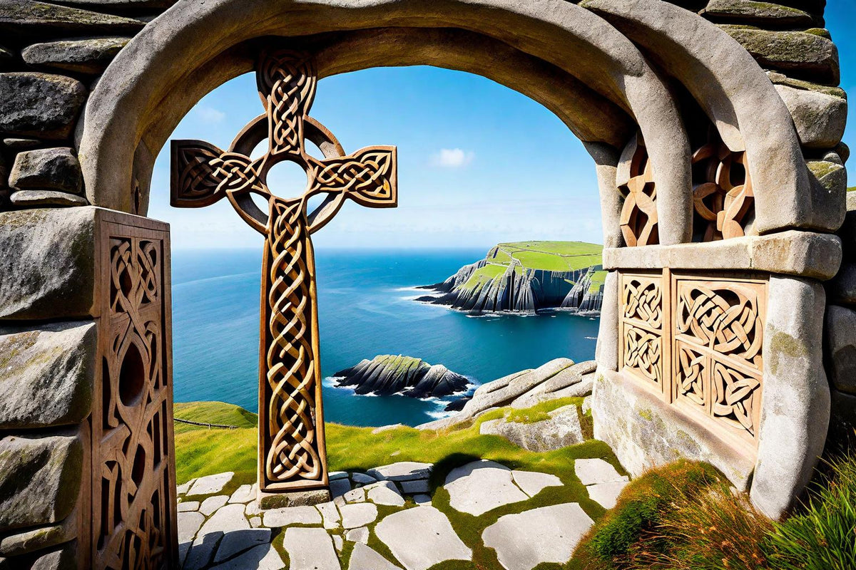 A cross is framed by a weathered arch above the Atlantic.
