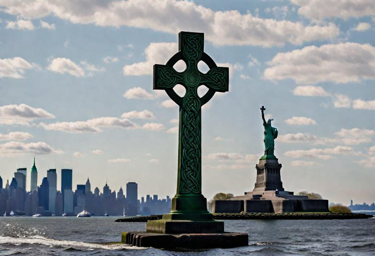 A Celtic cross appears beside the New York skyline.