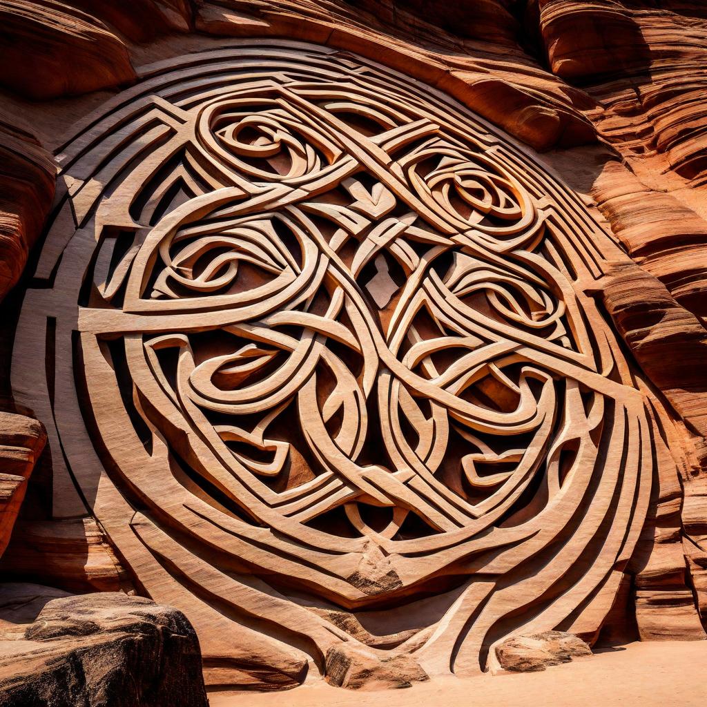 An intricate circular carving glows in warm light.
