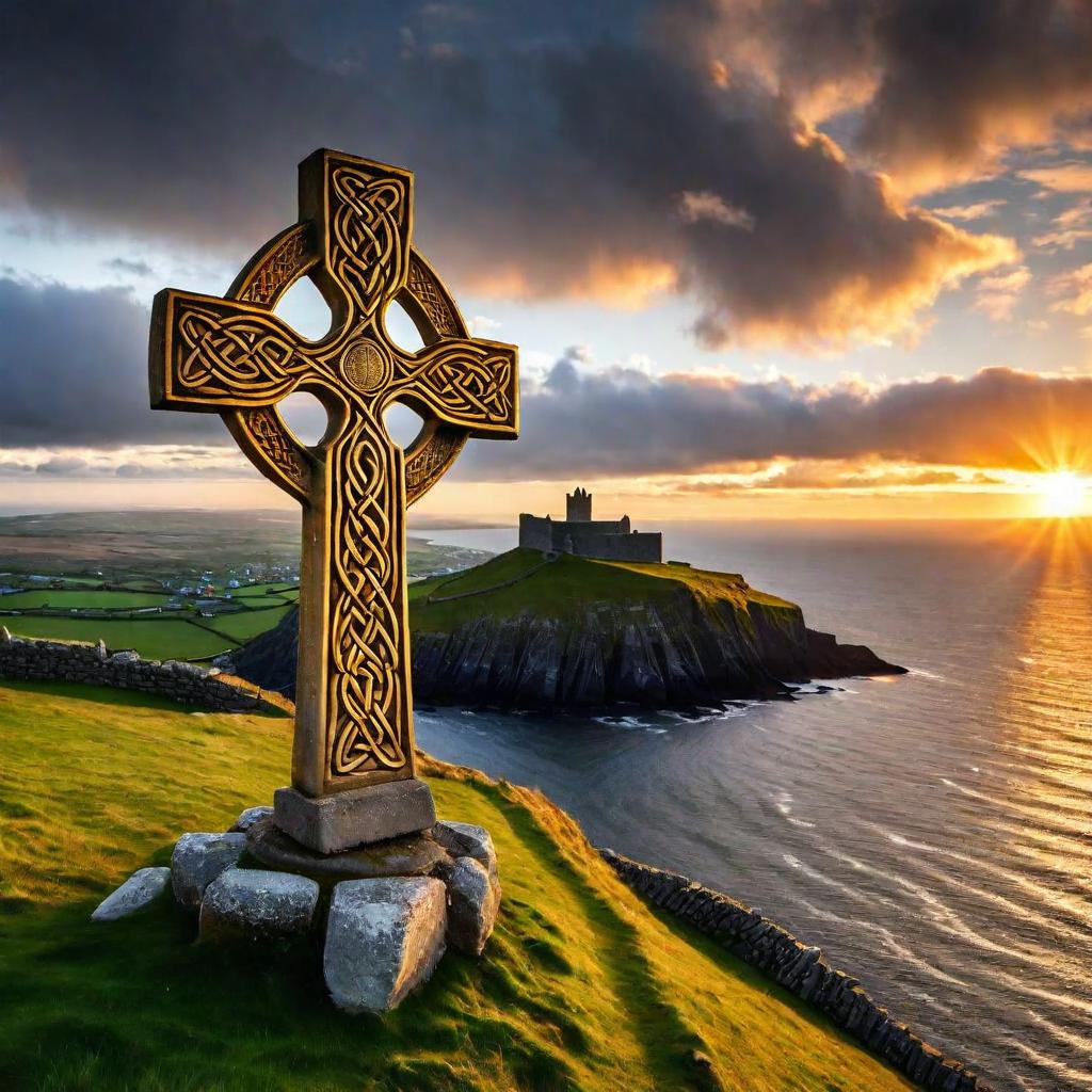 A carved cross catches the last light above a sweeping coastline.