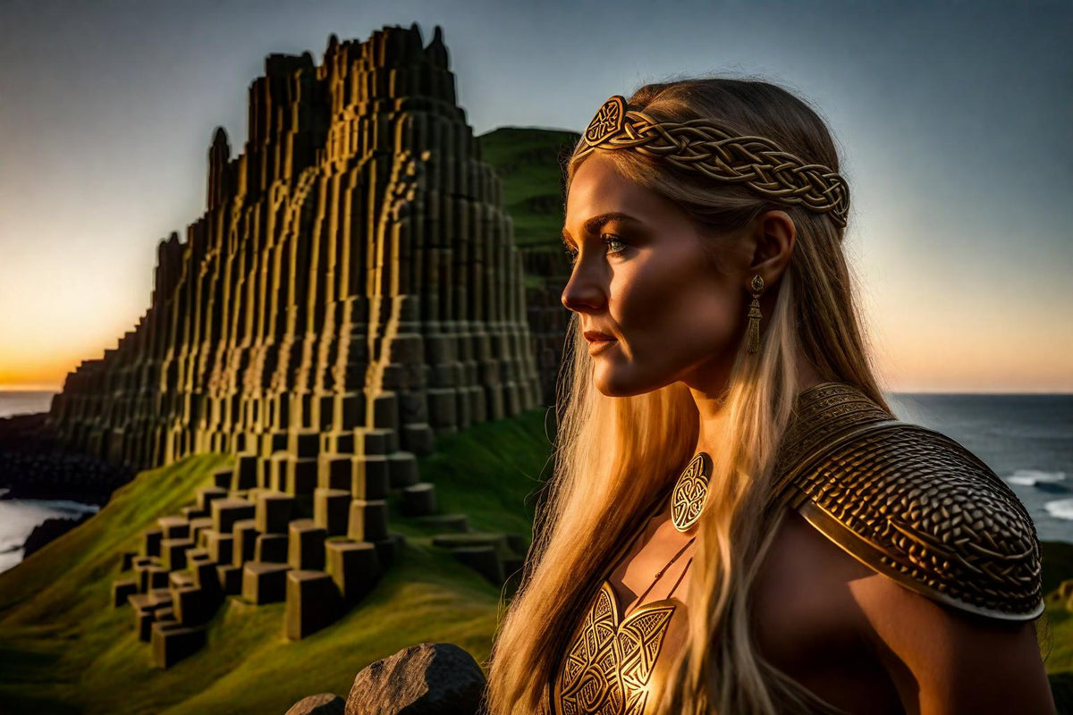 A woman in gold stands before towering coastal rock.