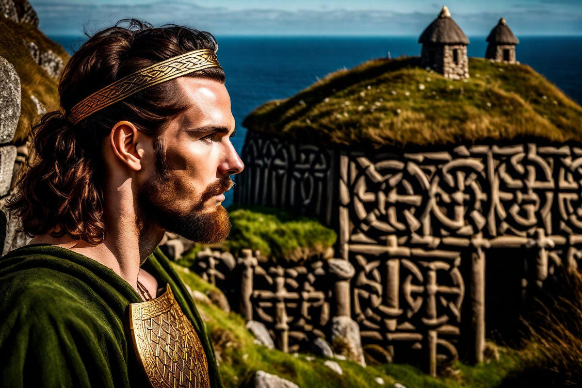 A warrior stands beside carved stone and an island sanctuary.
