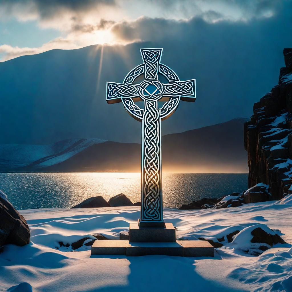 A pale cross rises from snow beneath dramatic shafts of light.