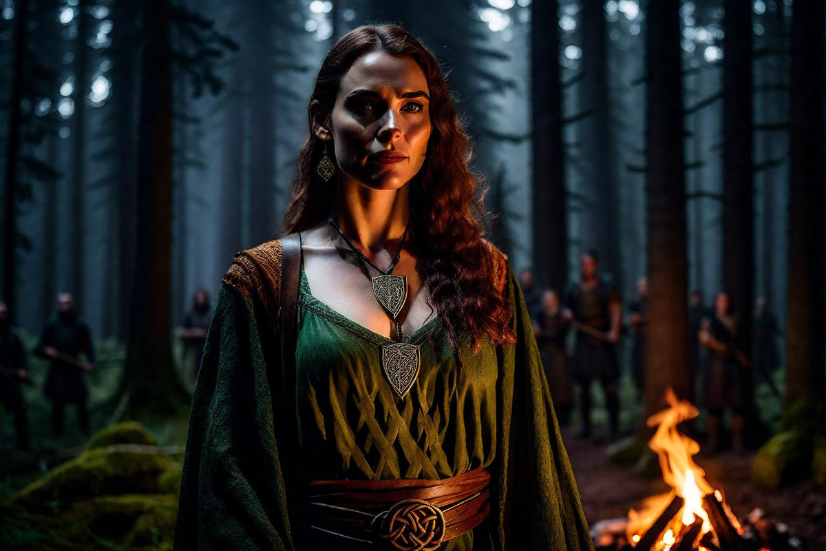 A woman faces the viewer in a dark, atmospheric woodland.