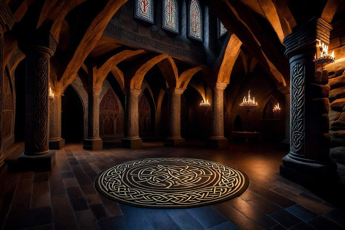 A circular knot design fills the floor of a shadowed timber hall.