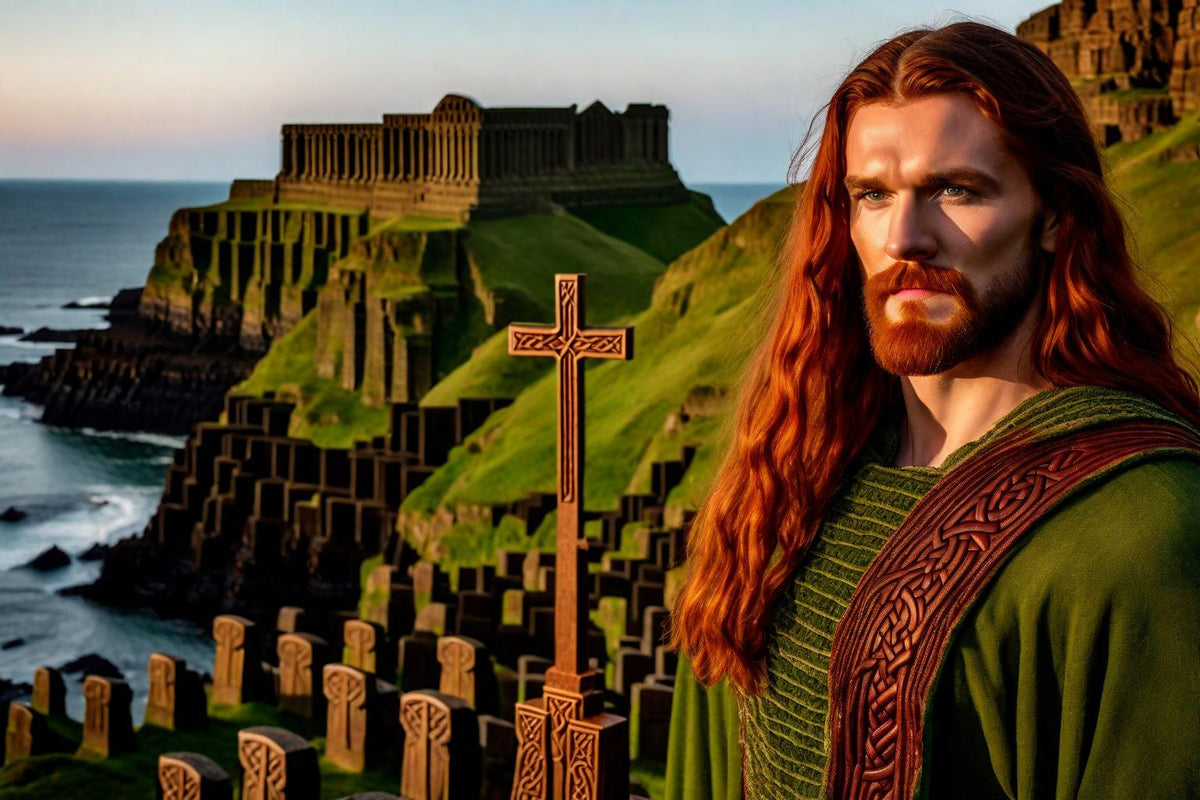 A red-haired warrior looks towards the sea beside a carved cross.