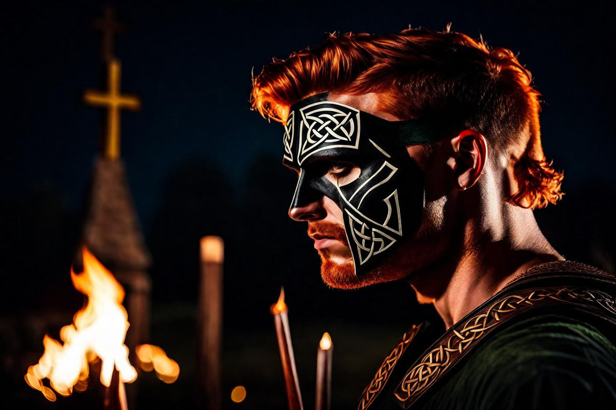 A masked figure emerges from firelight.