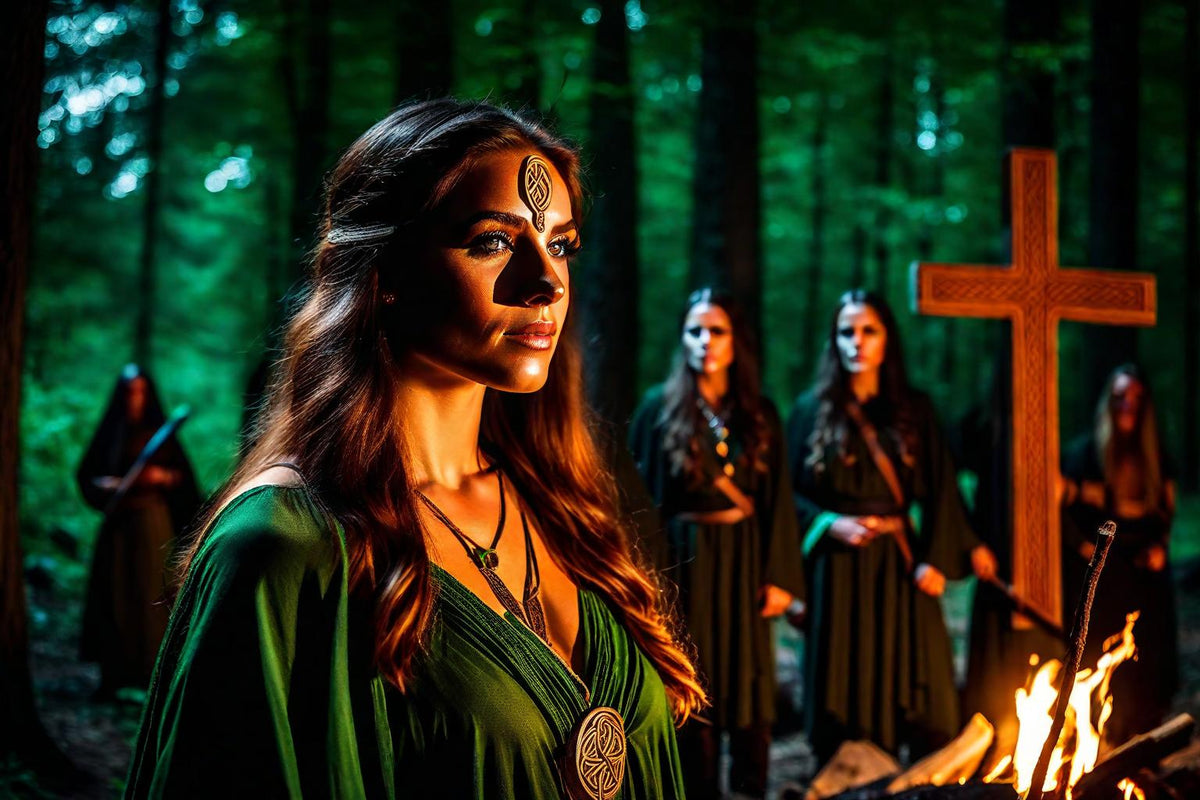 A woman in green stands among trees and firelit figures.