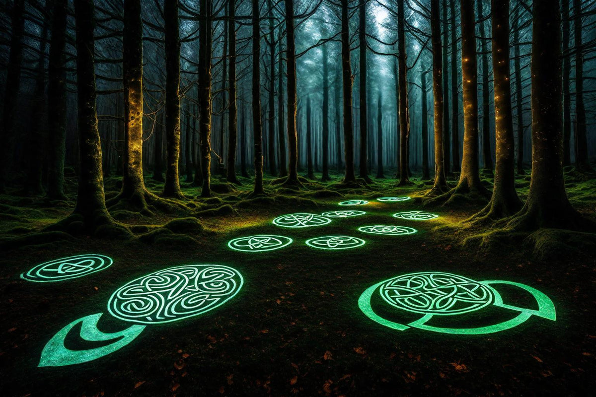 Glowing symbols lead through a dark woodland.