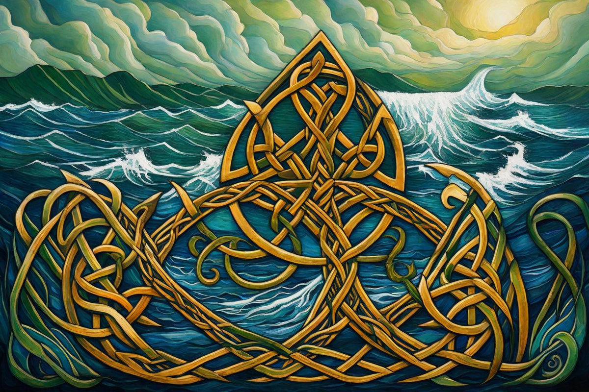 Golden trinity knots rise through rolling waves.