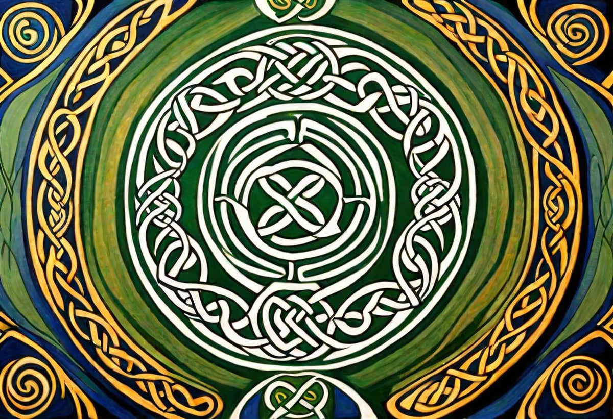 A pale central knot is surrounded by ornate green and gold borders.