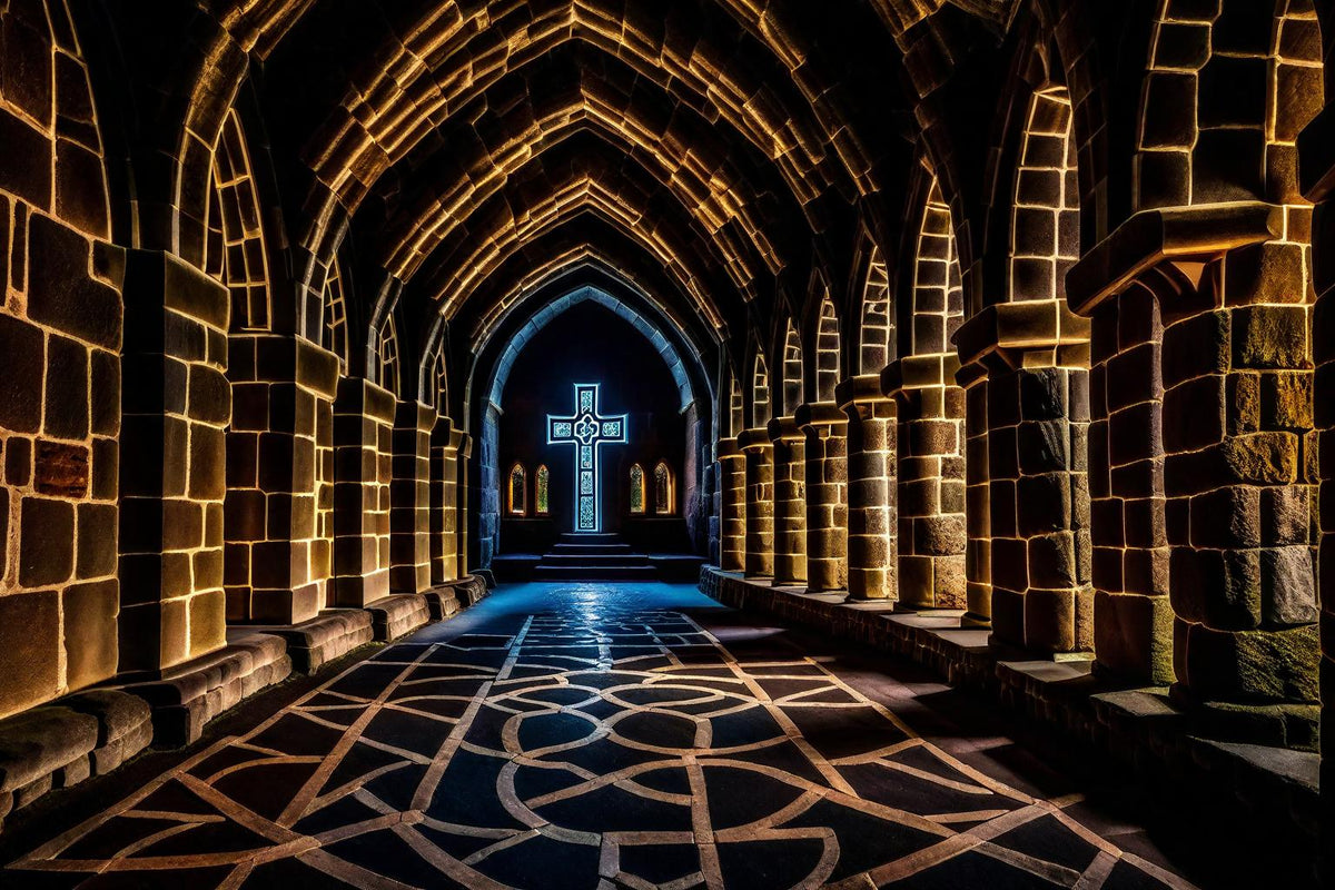 A patterned passage leads towards a glowing blue cross.