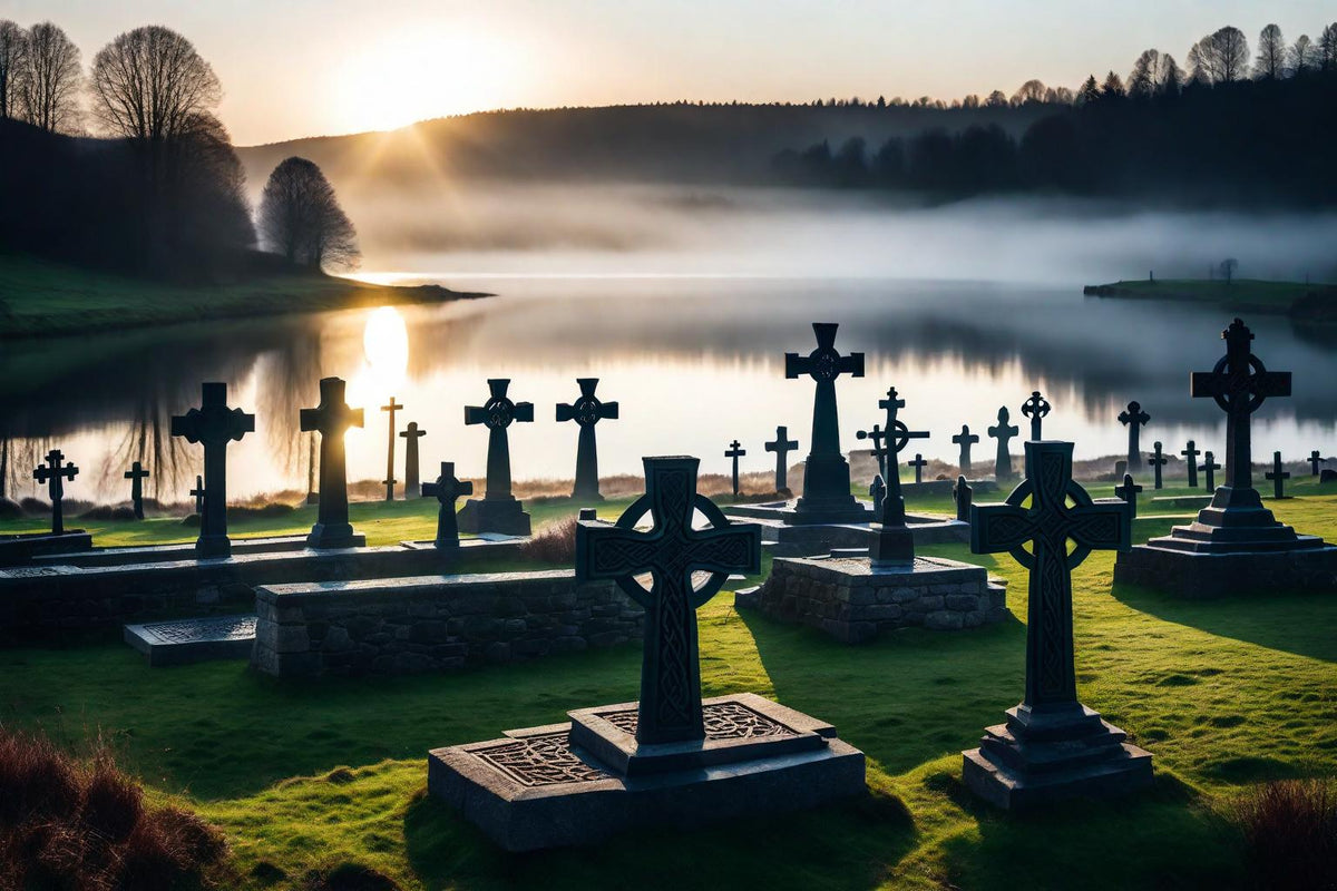 Rows of crosses stand beside water in early mist.