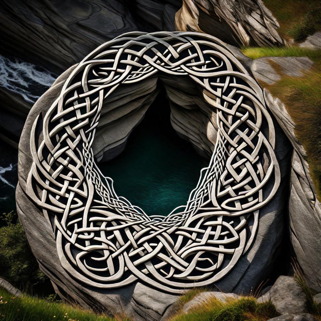 An open-centred ring of knotwork is carved into weathered stone.