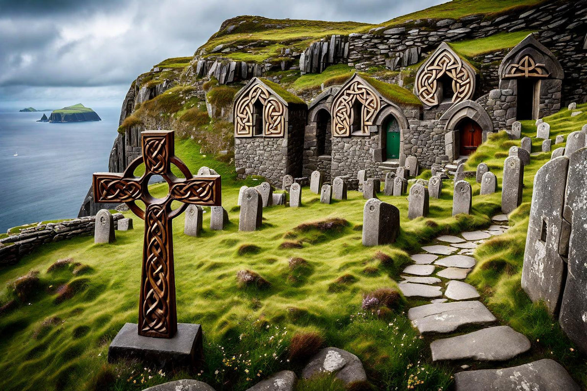 A winding stone path passes a cross and coastal ruins.