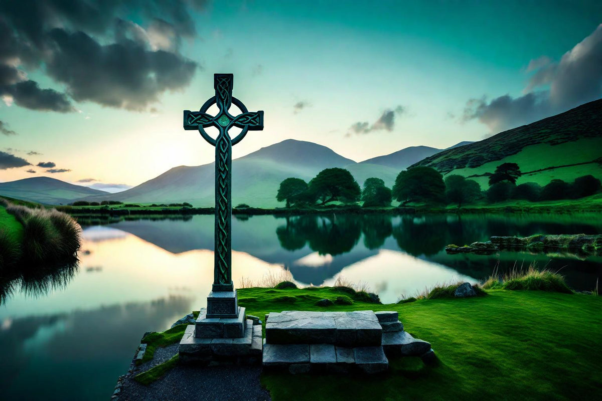 A lakeside cross stands between soft hills and their reflections.