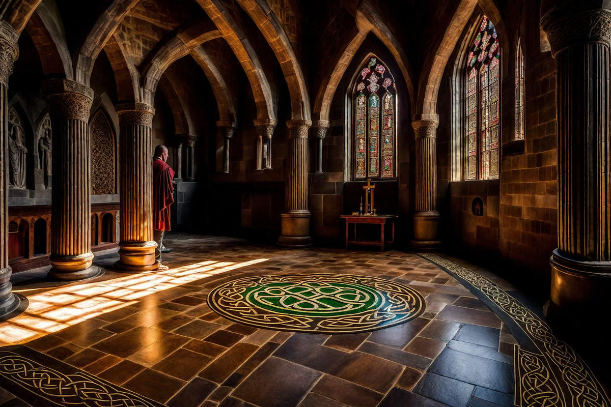 Sunlight crosses a vaulted hall and an intricate circular floor design.