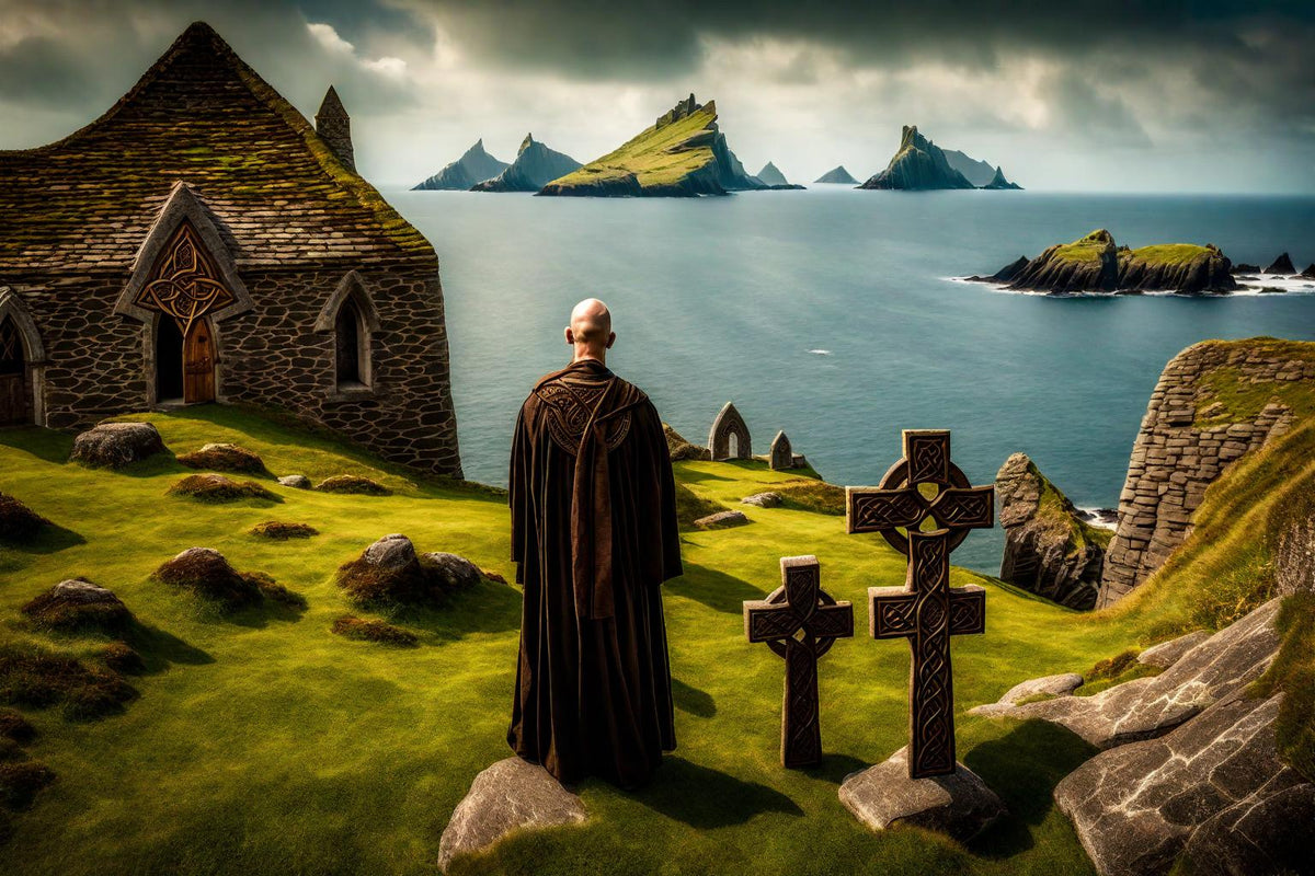 A monk stands between a stone chapel and a coastal cross.