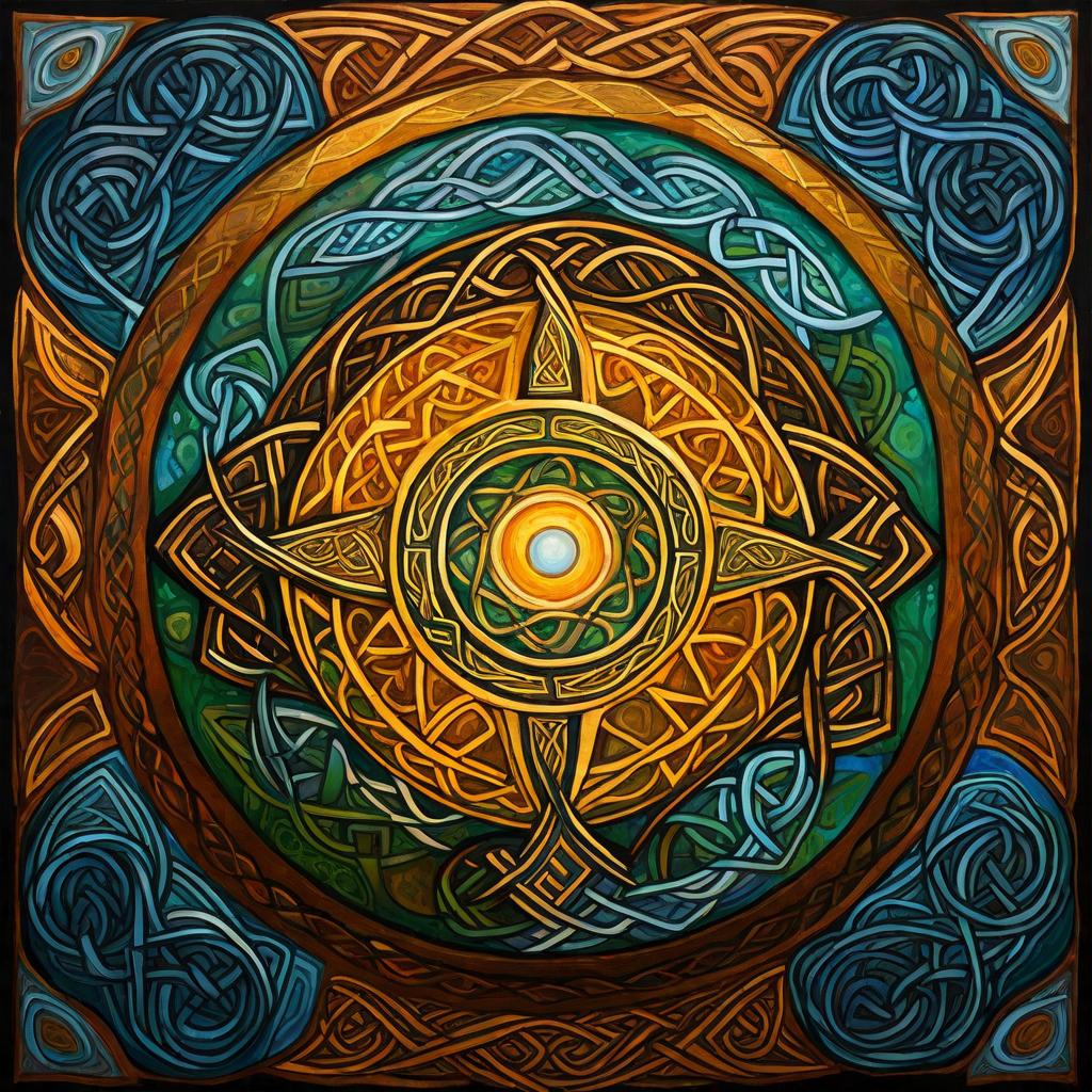 A gold sun is enclosed by circles of green and blue pattern.