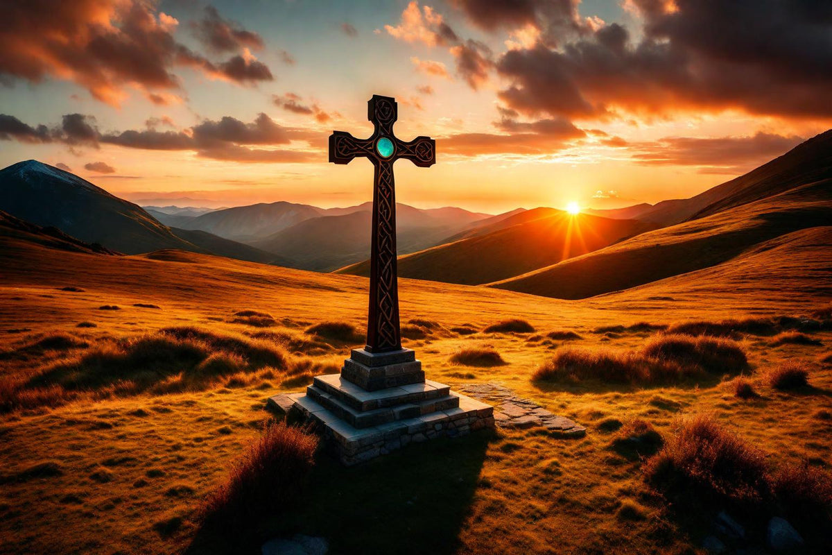 A solitary cross is silhouetted against a glowing mountain valley.