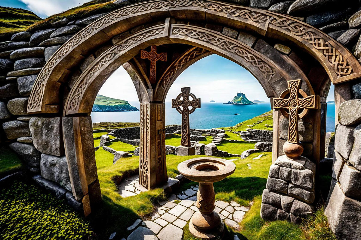 An ancient arch frames a cross and an island view.