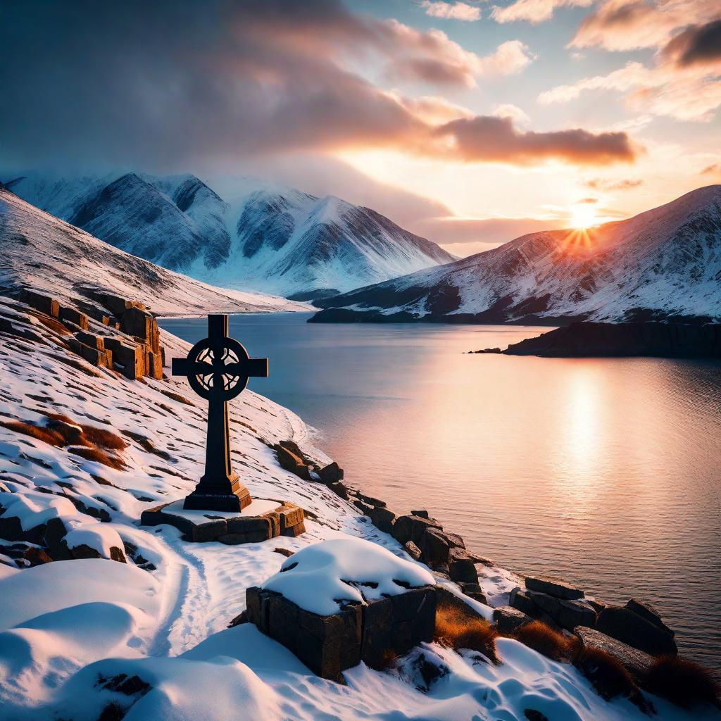 A cross watches over a snow-covered shore and quiet water.