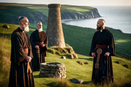 Three monks gather beside a round tower and coastal fields.