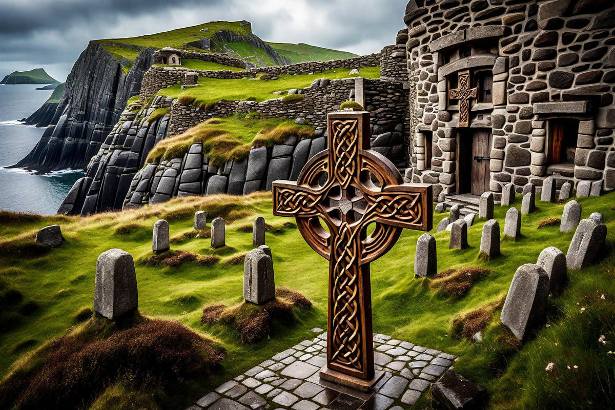 A carved cross stands against a dramatic cliff landscape.