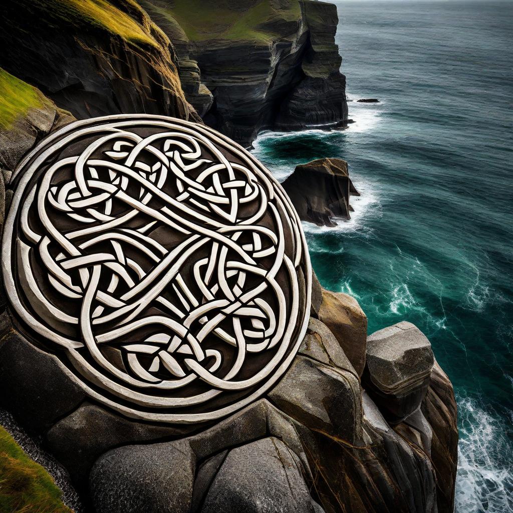 A circular carved knot rests beside a rocky sea.