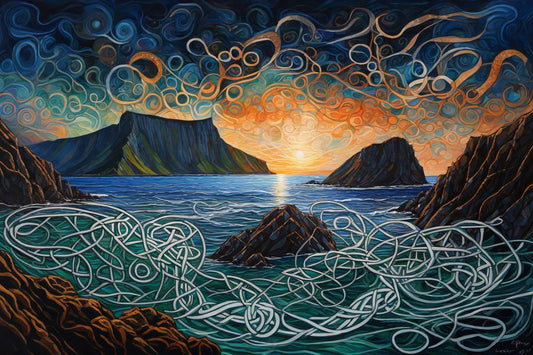 A glowing horizon meets Atlantic waves and interlacing patterns.