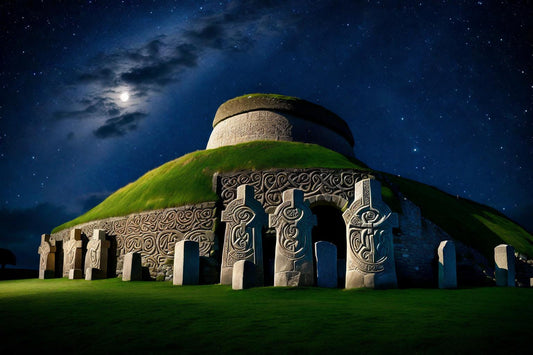 A grass-covered stone tomb stands beneath the Milky Way.