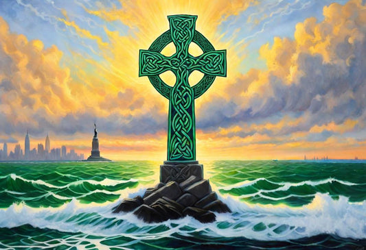 A green cross stands against a bright sky and breaking waves.