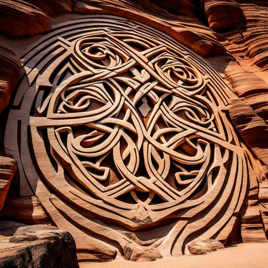 An intricate circular carving glows in warm light.