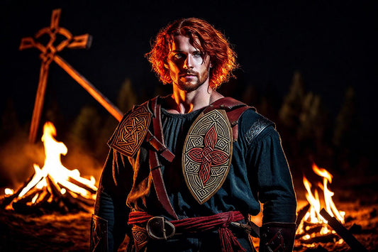 A warrior stands beneath the night sky, framed by fire.