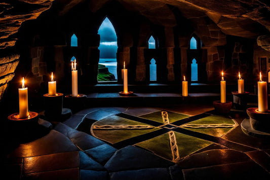 A cross-shaped design is lit by candles in a dark chamber.
