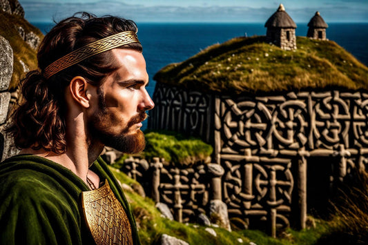 A warrior stands beside carved stone and an island sanctuary.