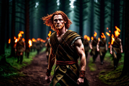 A young warrior steps through a forest gathering.