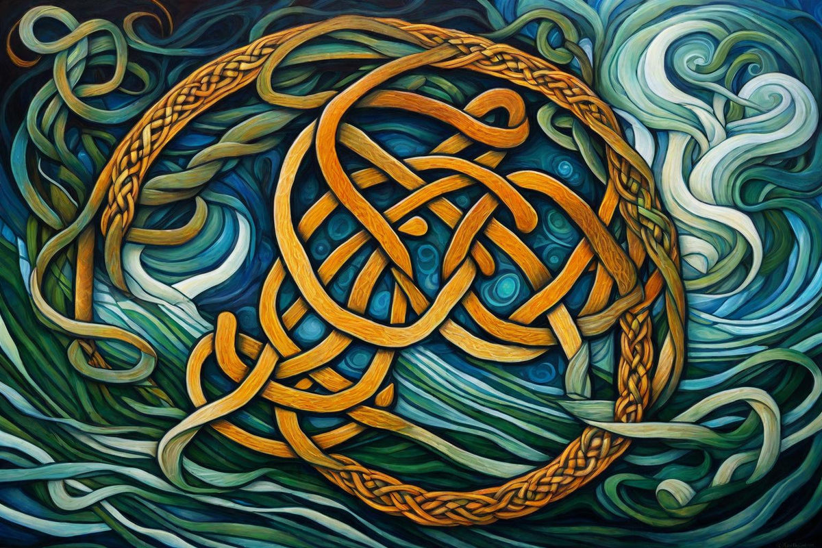A gold knot floats among curling green waves.