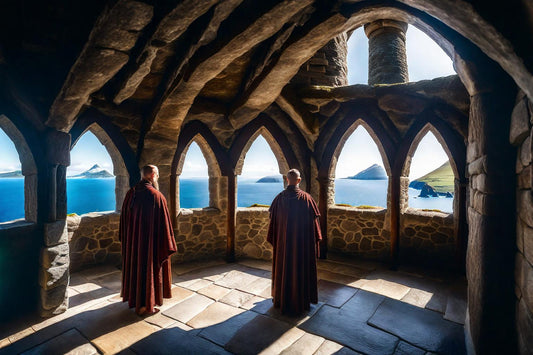Two monks stand within a stone chamber open to the sea.