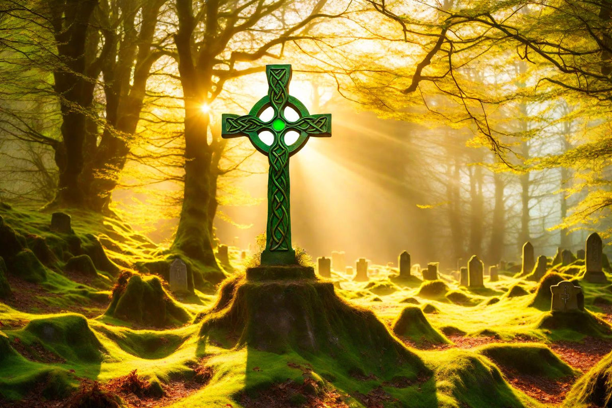 Golden light falls through woodland around a green Celtic cross.