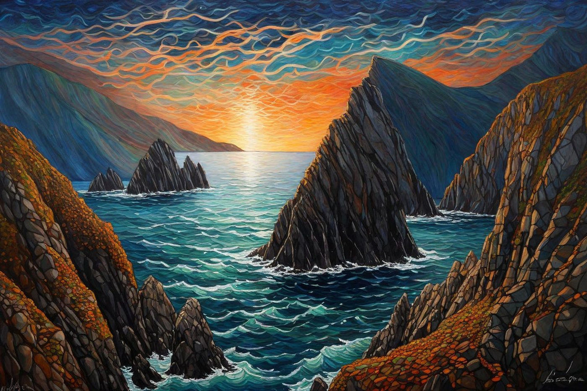 Sea Stacks at Sunset shown in a black frame