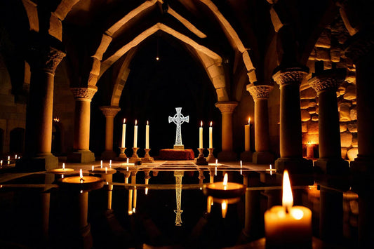 A table of candles glows within a vaulted sanctuary.