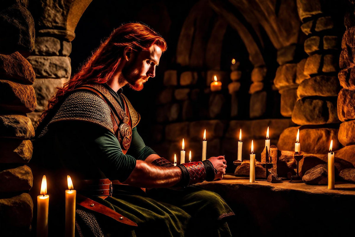 A warrior tends candles within a stone chamber.