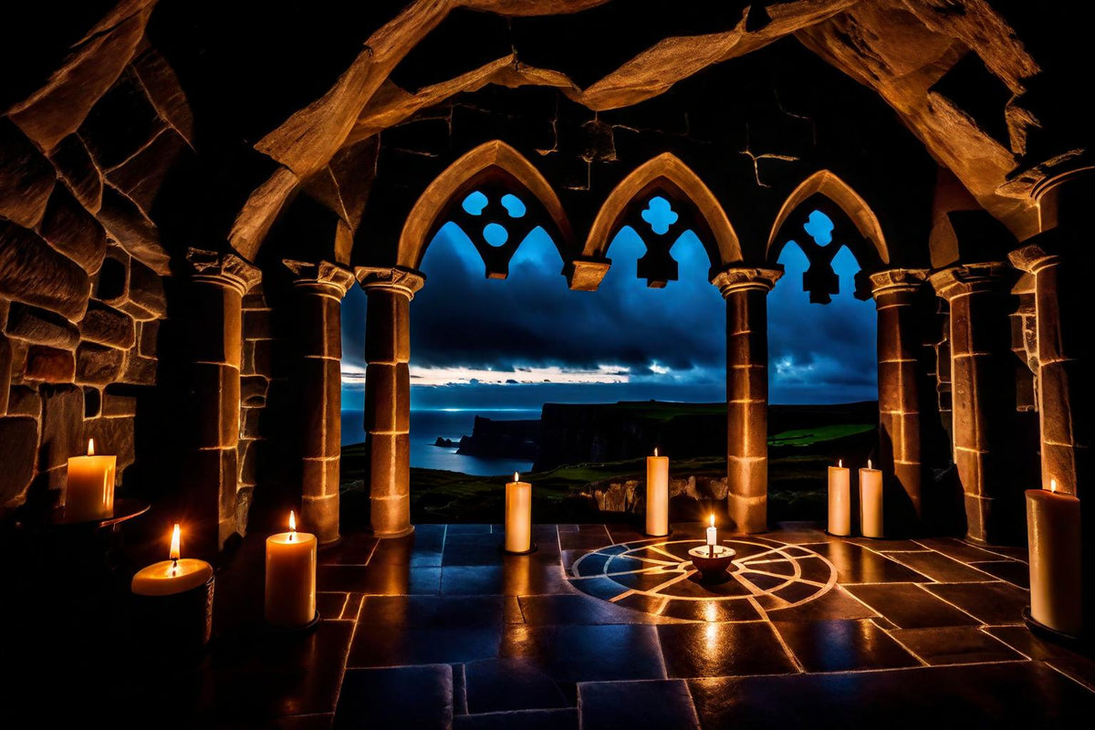 Candles illuminate stone arches open to the night sea.