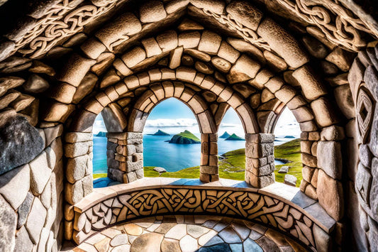 Intricate stonework encloses a sunlit view of the sea.