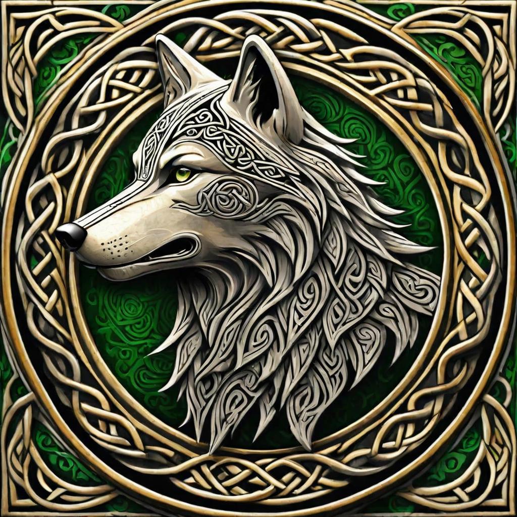 A silver wolf is framed by gold knotwork and deep green.