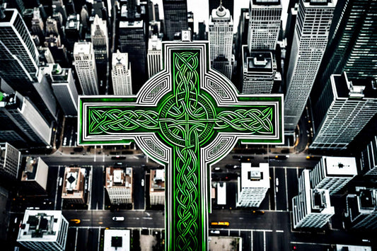 A green Celtic cross contrasts with the geometry of a modern city.