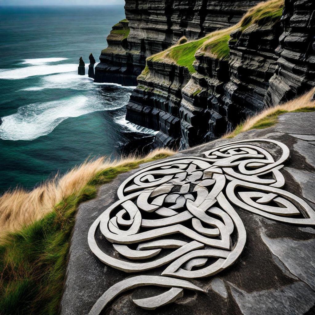 A carved stone pattern sits above the Atlantic cliffs.