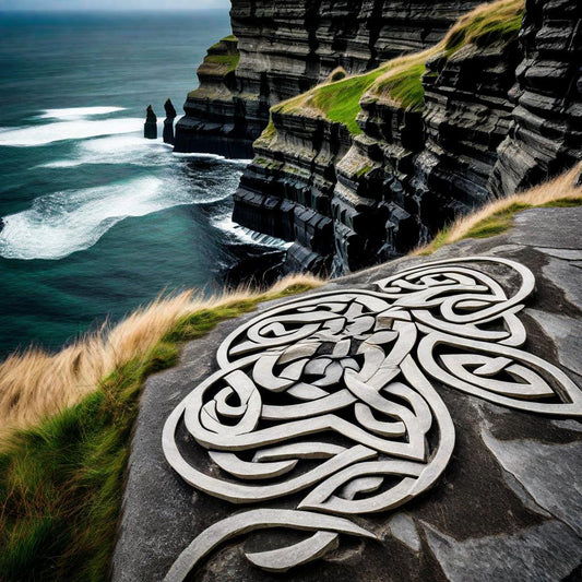 A carved stone pattern sits above the Atlantic cliffs.