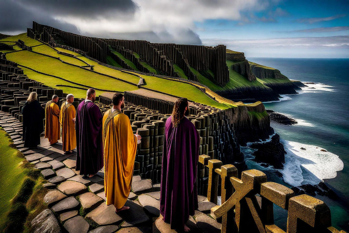 A line of robed figures follows a path above the sea.